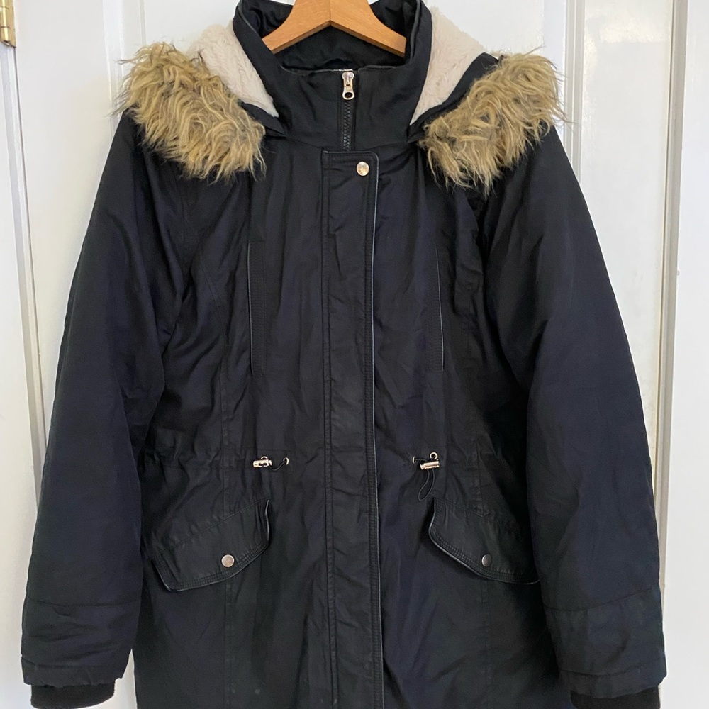 Black Faux Fur lined hooded Jacket.